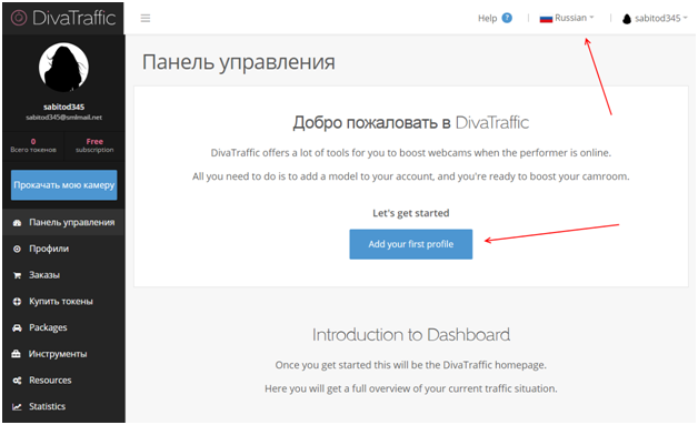 панель управления Divatraffic