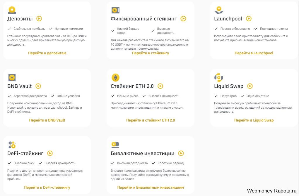 способы заработка в Binance Earn