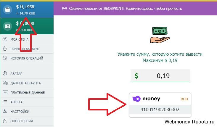 заказ выплаты с seosprint