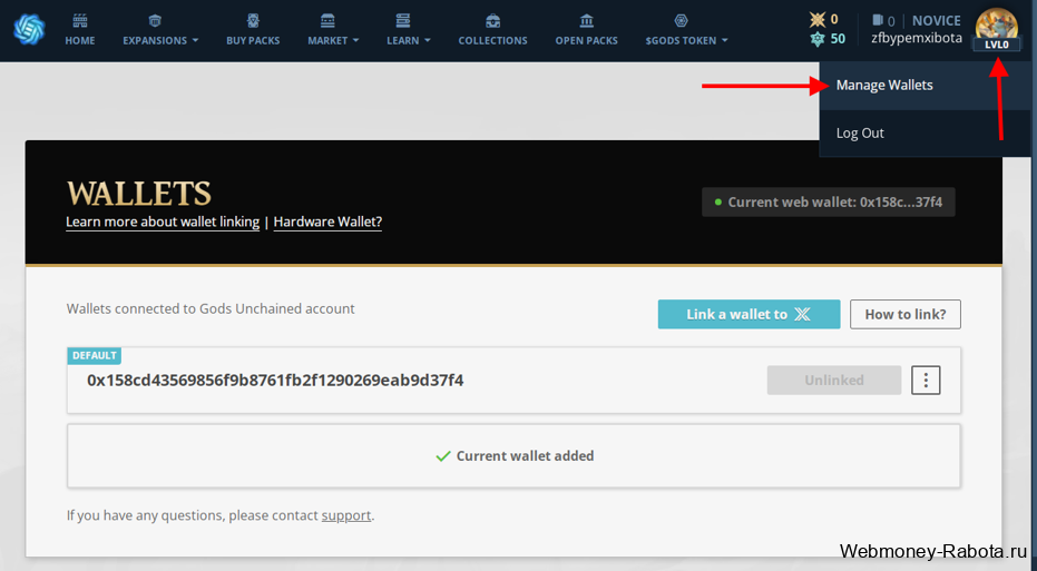 Manage Wallet Gods Unchained