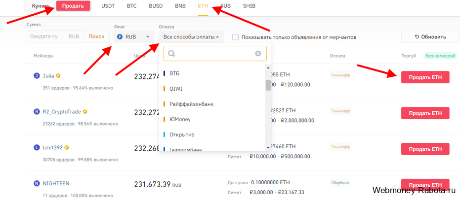 как продать eth на бинанс