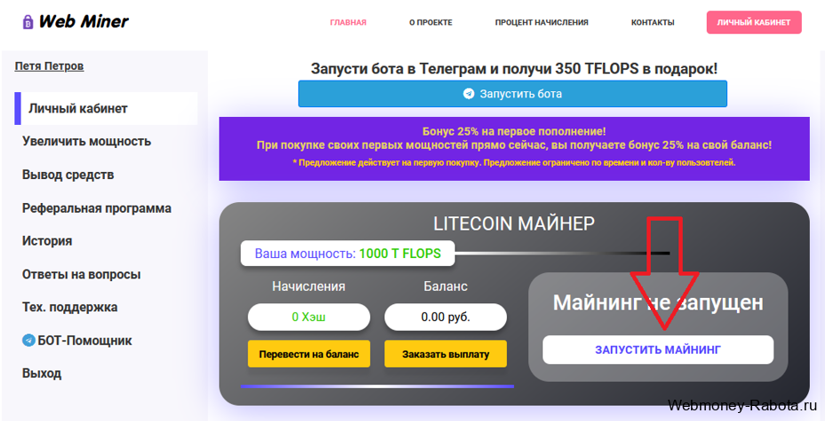 запустить майнинг в Web-miner