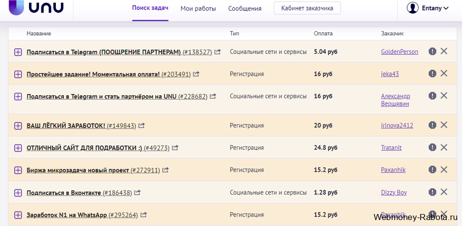 Unu заработок на заданиях